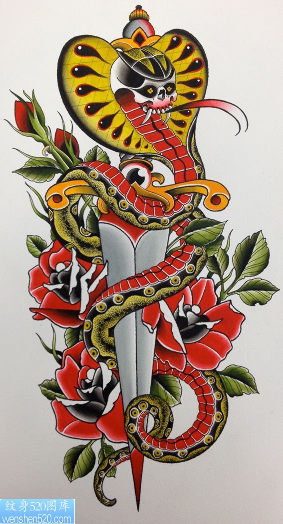 school风格眼镜蛇玫瑰匕首纹身手稿图案