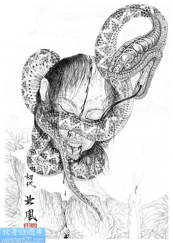 蛇盘人头纹身手稿图案