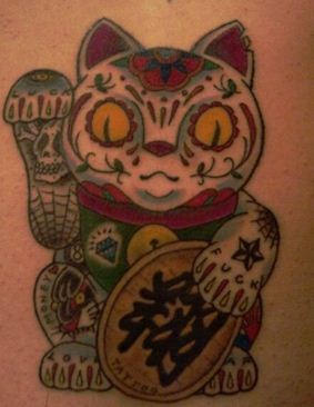 可爱的彩色招财猫纹身图案图案