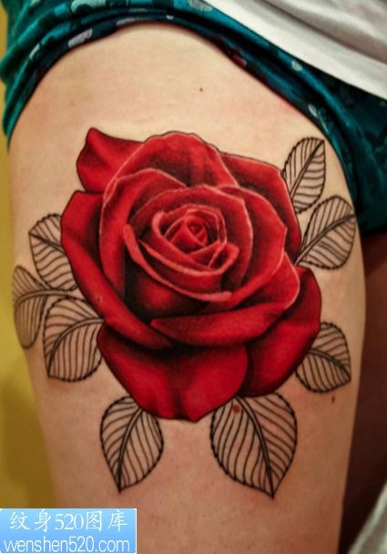 大腿红色玫瑰花纹身图案