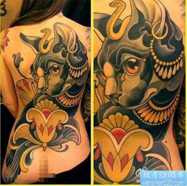 女人满背个性猫纹身图案