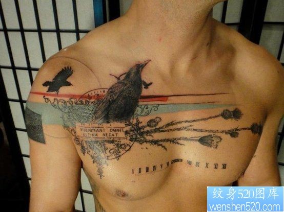 胸部之特别风格荆刺鸟纹身图案