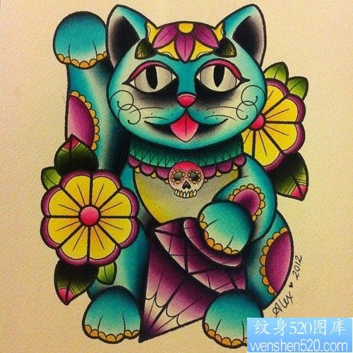 彩色招财猫纹身图案