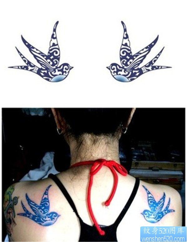 背部双燕子纹身图案