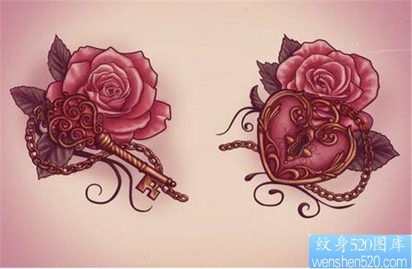 一幅玫瑰花钥匙锁纹身图案