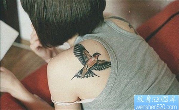 女人肩背燕子纹身图案