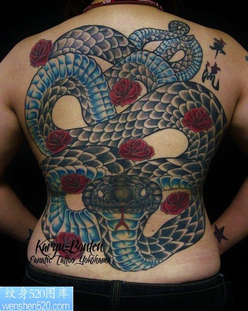 满背大蛇玫瑰纹身图案