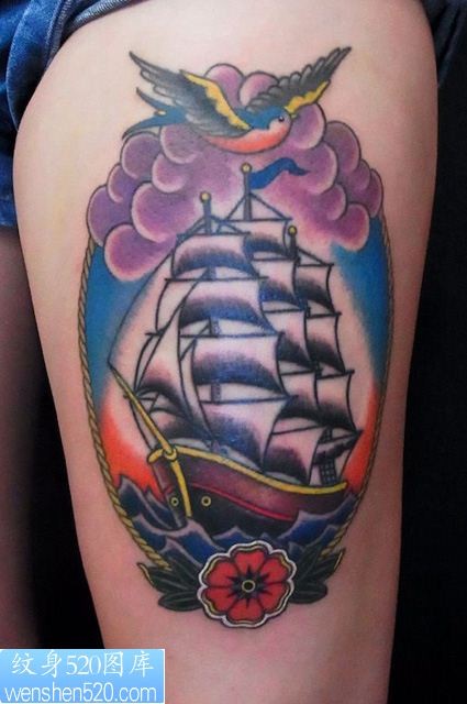 大腿彩色帆船燕子纹身图案