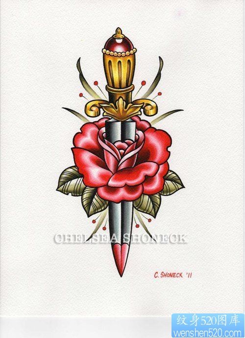 玫瑰花匕首纹身手稿图案