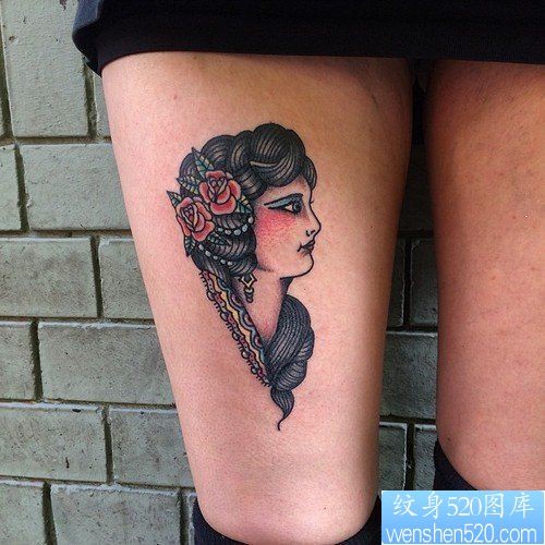 腿部女性人物肖像纹身图案