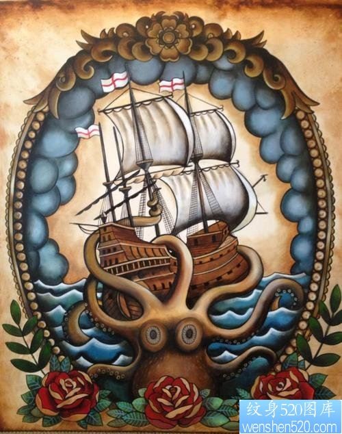 复古帆船纹身图案