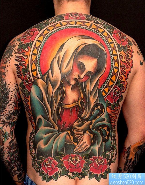 一款满背彩色修女纹身图案
