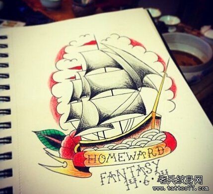 一款帆船纹身手稿图案