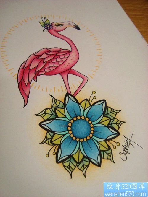一款彩色丹顶鹤花纹身手稿图案