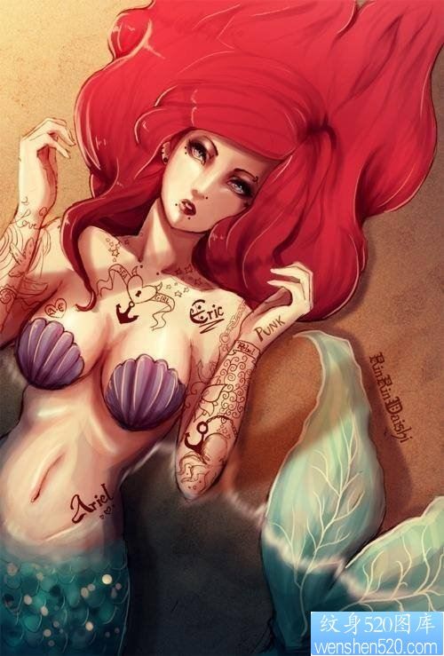 个性唯美的美人鱼纹身手稿图案