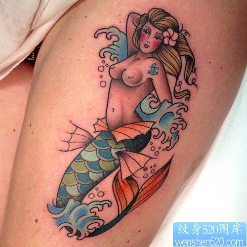 女性腿部美人鱼纹身图案