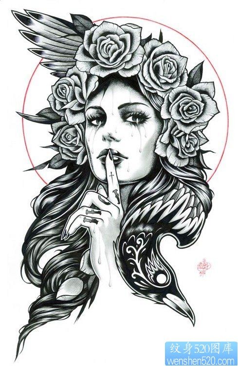 女郎玫瑰花纹身手稿图案