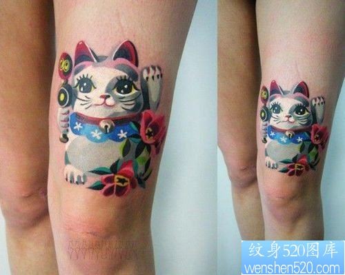 腿部招财猫纹身图案