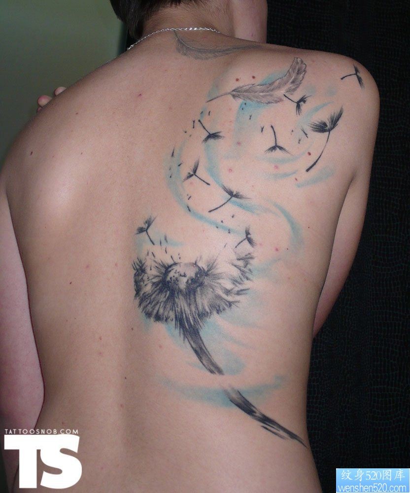 背部一款个性蒲公英纹身图案