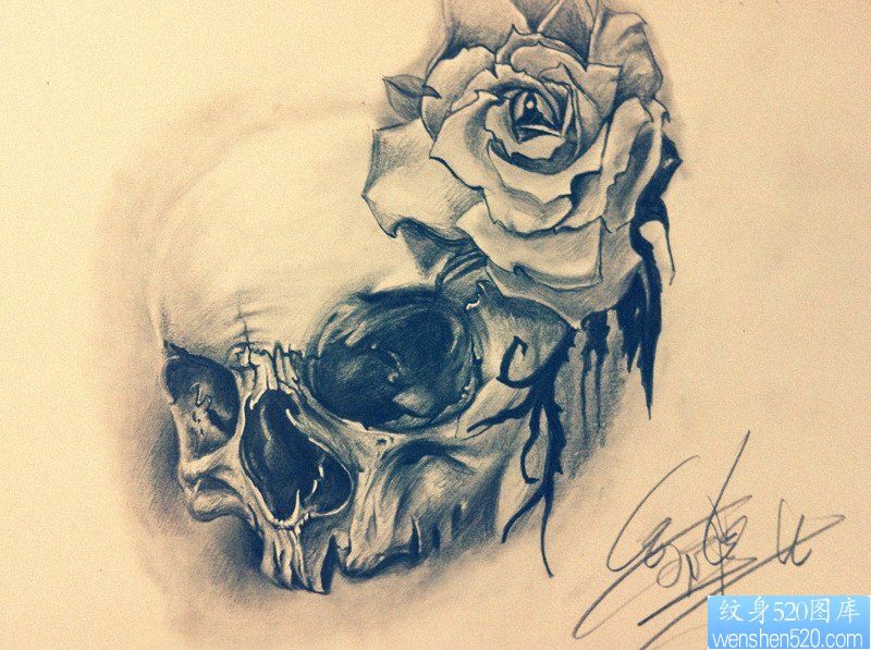 个性欧美玫瑰花骷髅头纹身图案