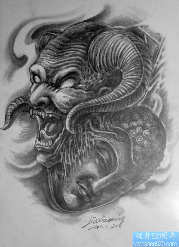 一款个性佛牛魔王纹身手稿图案