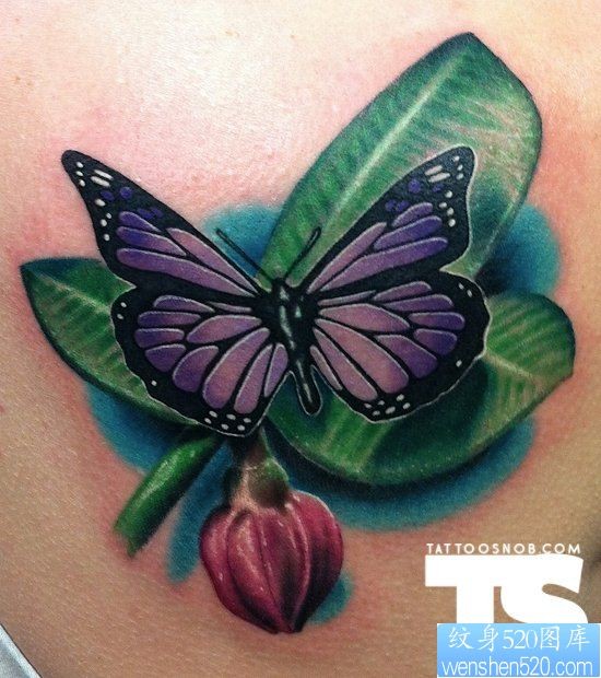 肩部一款个性縁叶蝴蝶纹身图案