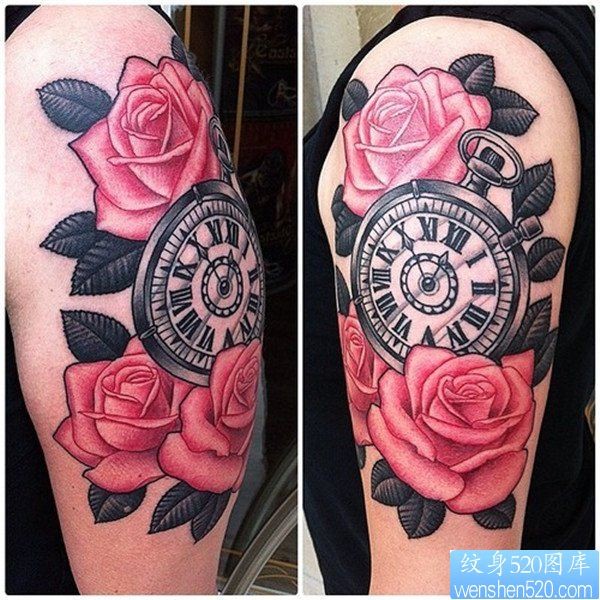 一款手臂时钟玫瑰花纹身图案