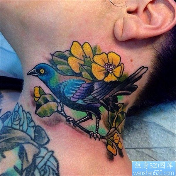 纹身520图库脖子上的花鸟纹身图案