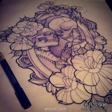 个性的骷髅玫瑰花纹身手稿图案