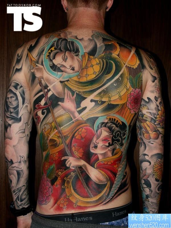 满背经典大气日本艺妓纹身图案