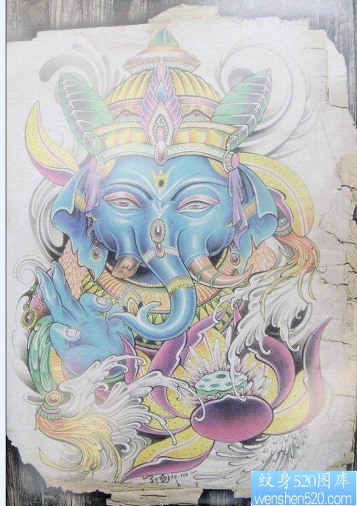 个性的彩色象神纹身手稿图案