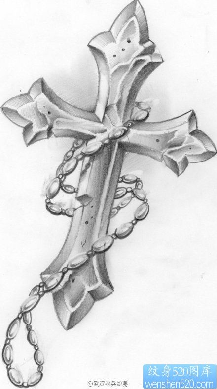 一款十字架纹身素描手稿图案