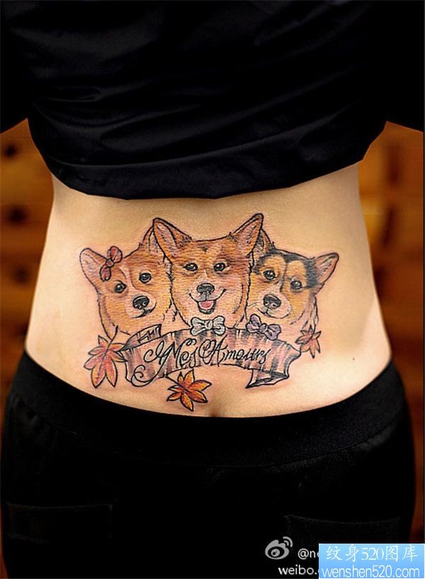 女性腰部狗狗纹身图案