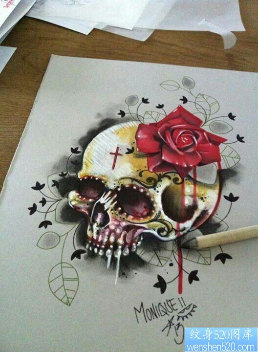 欧美彩色骷髅玫瑰纹身图案
