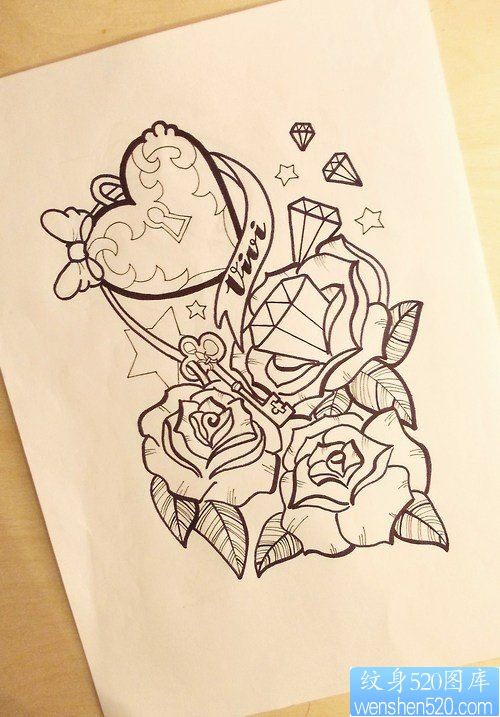 玫瑰花钻石纹身线稿图案