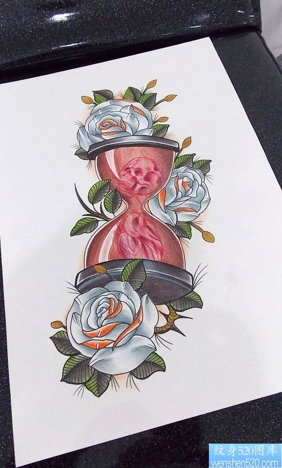 沙漏玫瑰纹身手稿图案