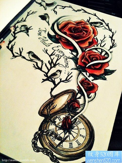 个性的玫瑰指南针纹身图案