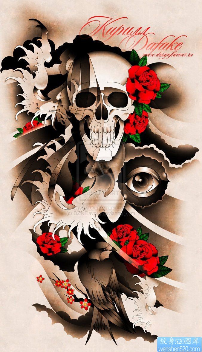 一款欧美骷髅玫瑰纹身图案