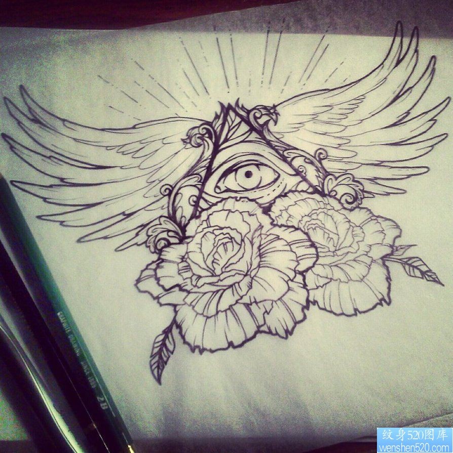 上帝之眼翅膀玫瑰纹身图案