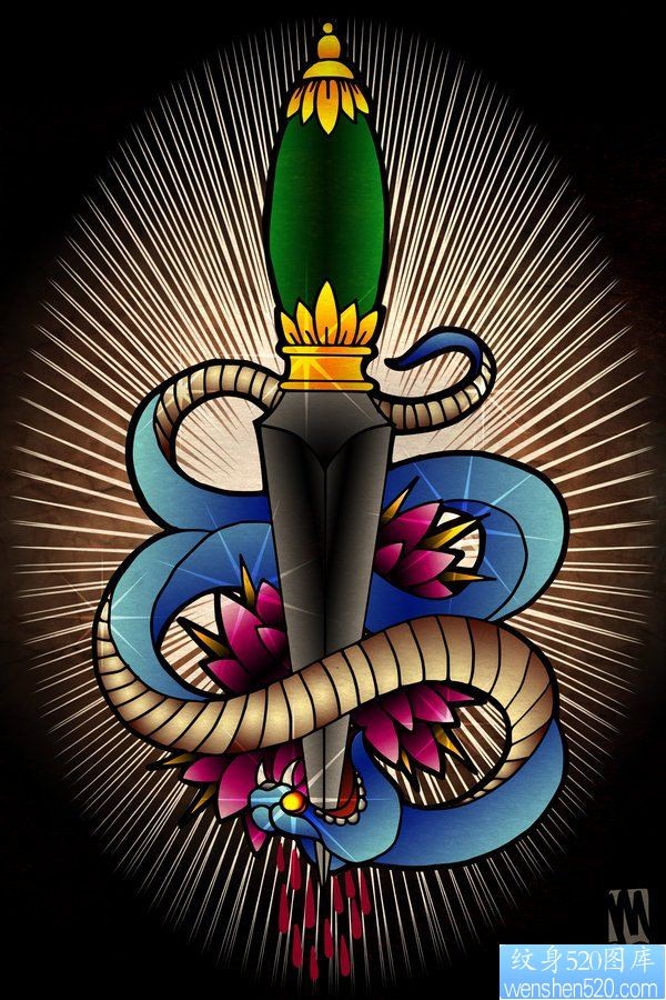 彩色匕首蛇纹身手稿图案