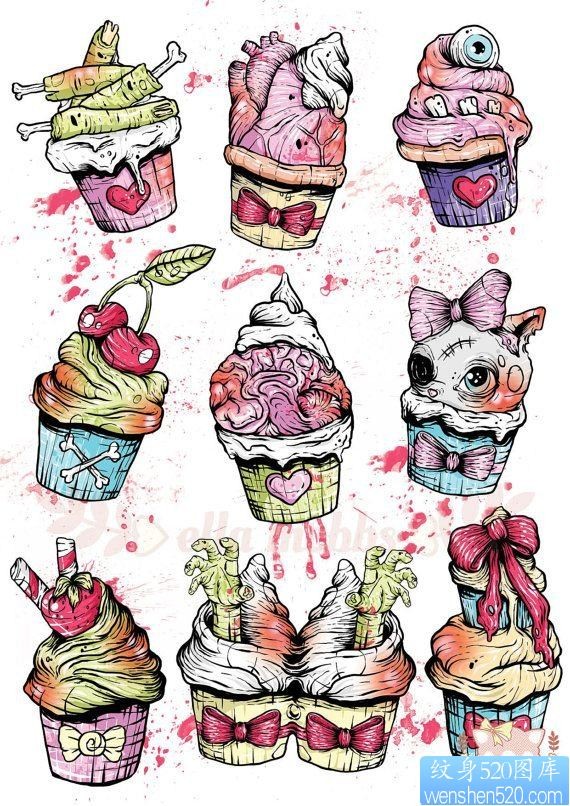 一组冰淇淋纹身手稿图案