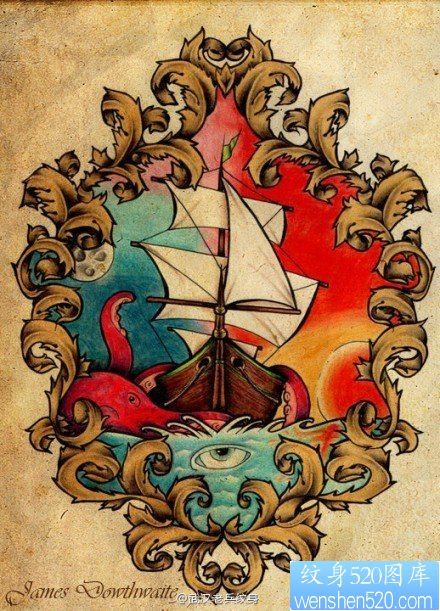 个性彩色的帆船纹身图案