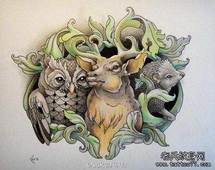 鹿猫头鹰纹身图案
