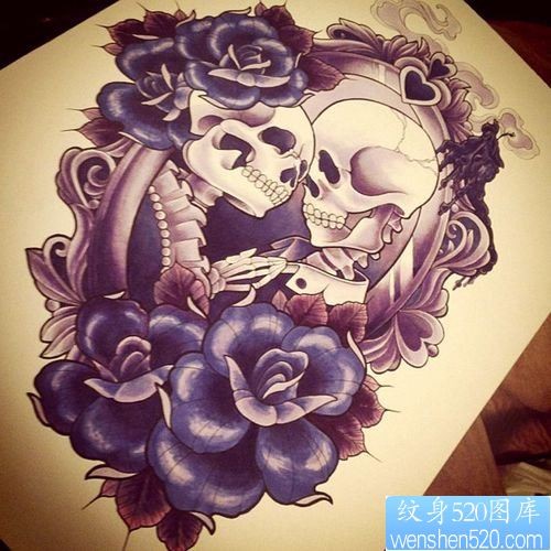 很有含义的一款骷髅玫瑰花纹身手稿图案