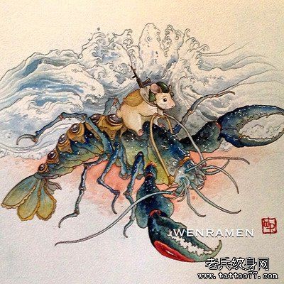 彩色龙虾纹身图案