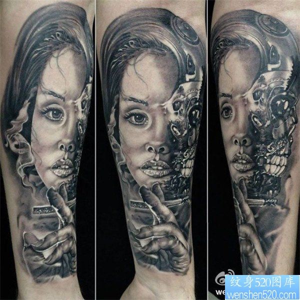 一款胳膊机械女郎纹身图案