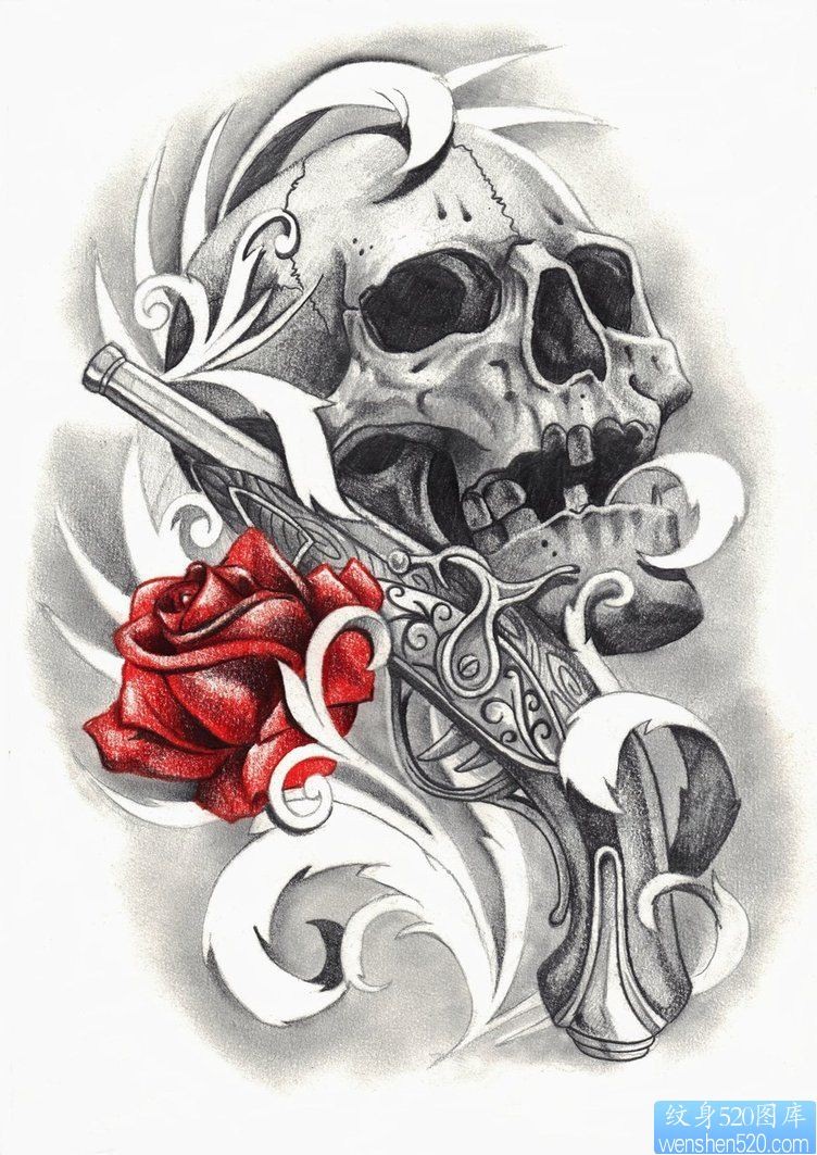 个性的骷髅头手枪玫瑰纹身图案