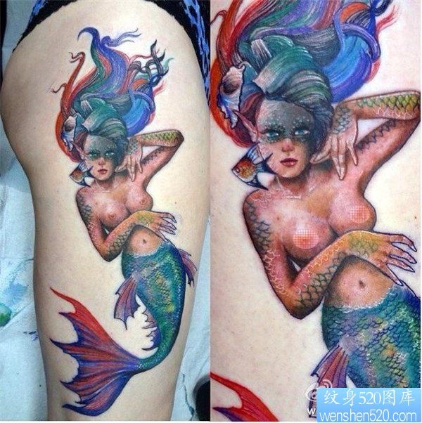腿部漂亮的美人鱼纹身图案