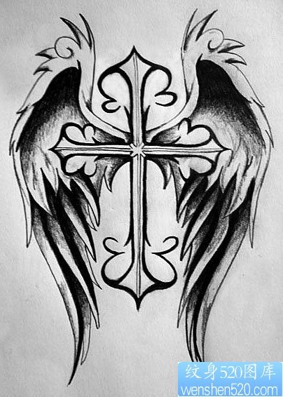 一款十字架翅膀纹身图案