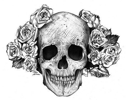 一款唯美的玫瑰骷髅纹身图案